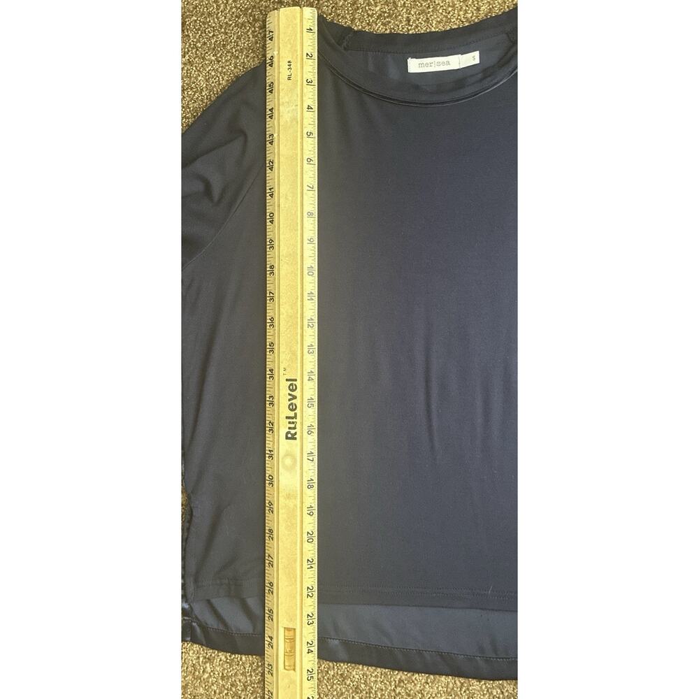 Mersea Navy Blue Mixed Media S Woven Silky LS Luxury Minimalist Quiet Luxury Top - Picture 8 of 8